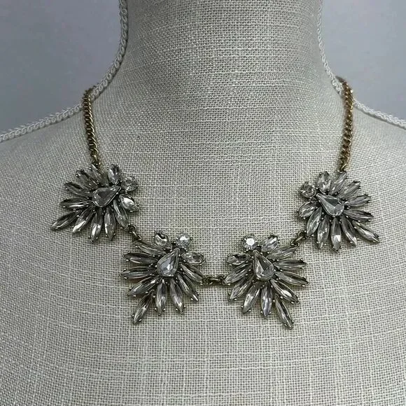 J. Crew Gold Toned Rhinestone Crystal Cluster Statement Necklace - Picture 4 of 8